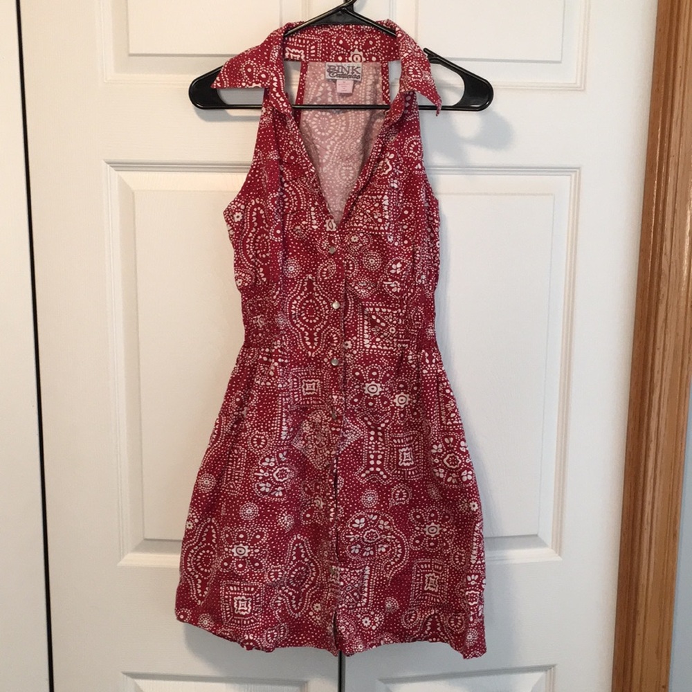 Red bandana print button up dress